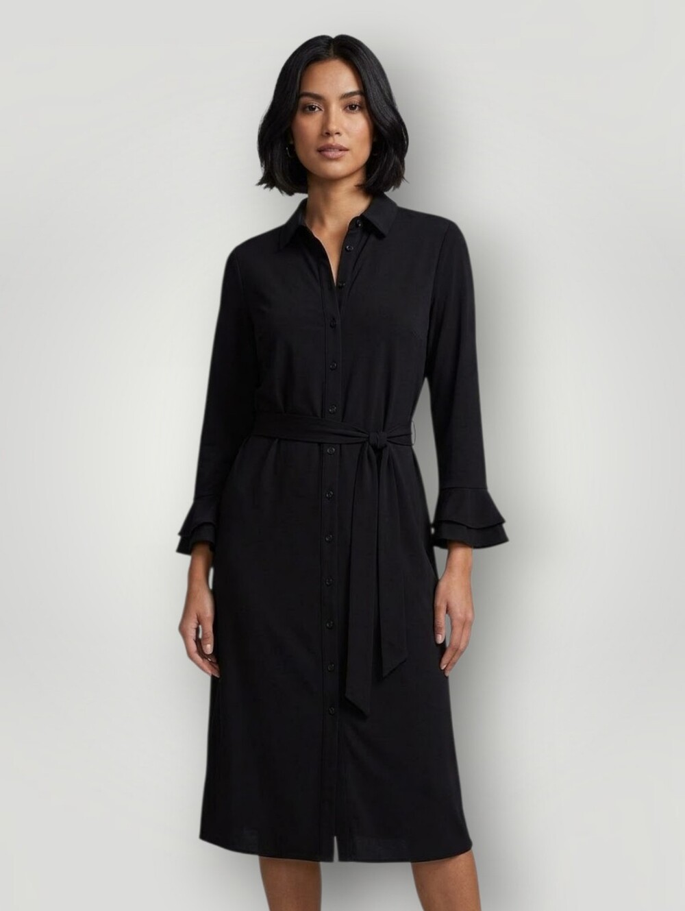 Talbots Black Belted Shirt Dress Women's Medium 3/4 Ruffle Sleeve Work Office